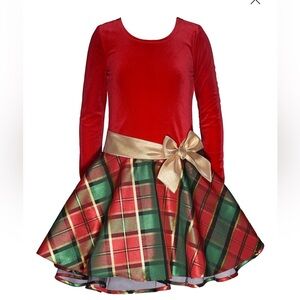 Bonnie Jean Girls Holiday Dress Red Velvet Plaid Gold Bow Christmas Size 6